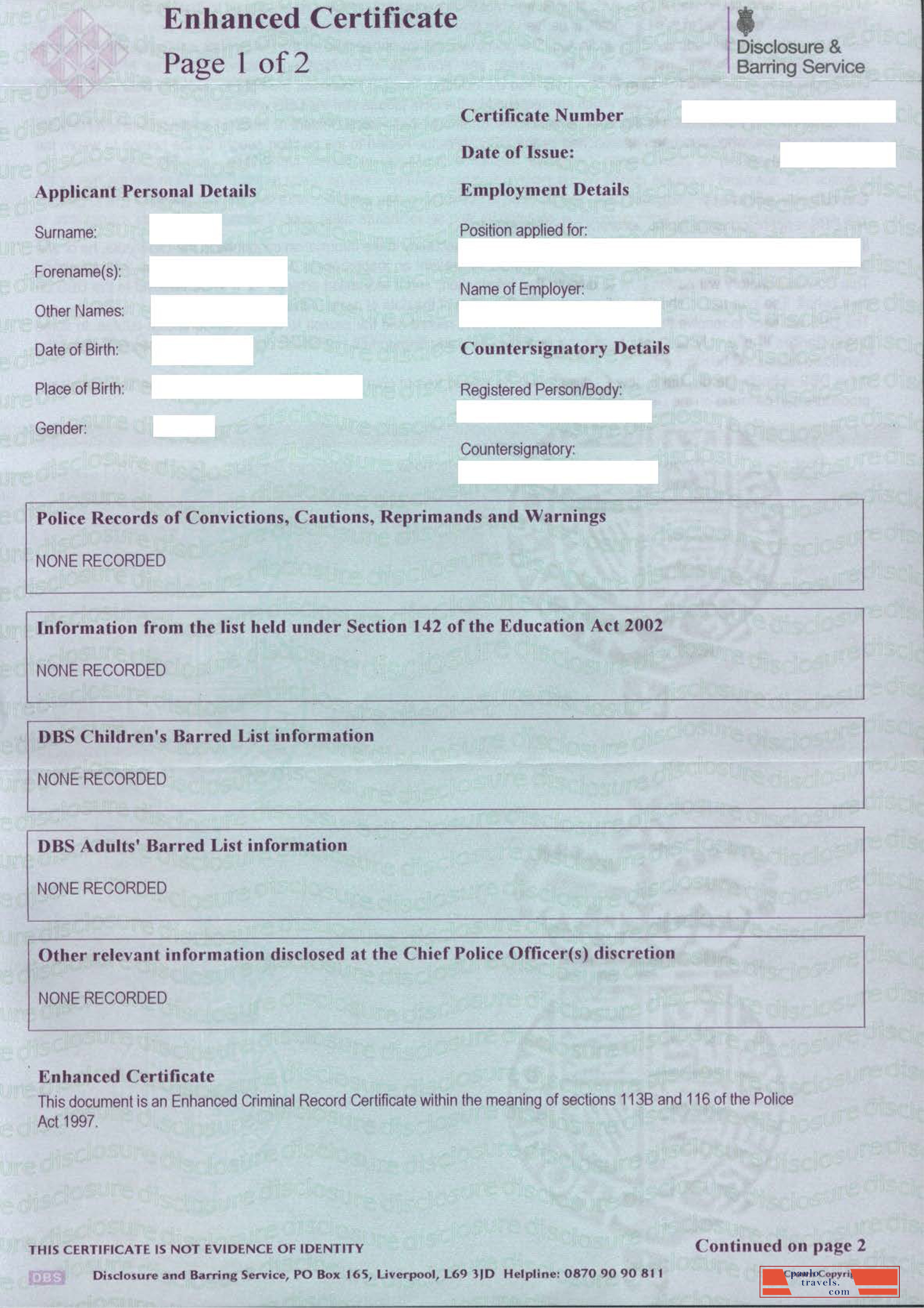 United Kingdom Disclosure and Barring Service (DBS) certificate